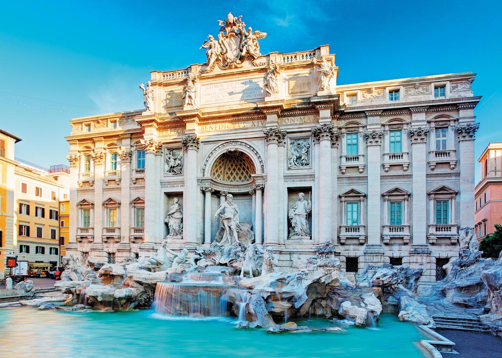 statues and facade of Trevi Fountain