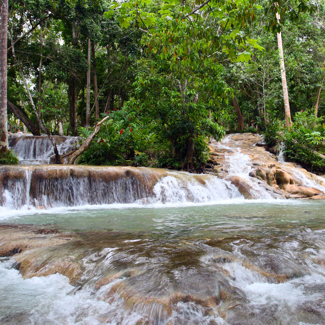 waterfalls pooling at Dunns River Falls Jamaica