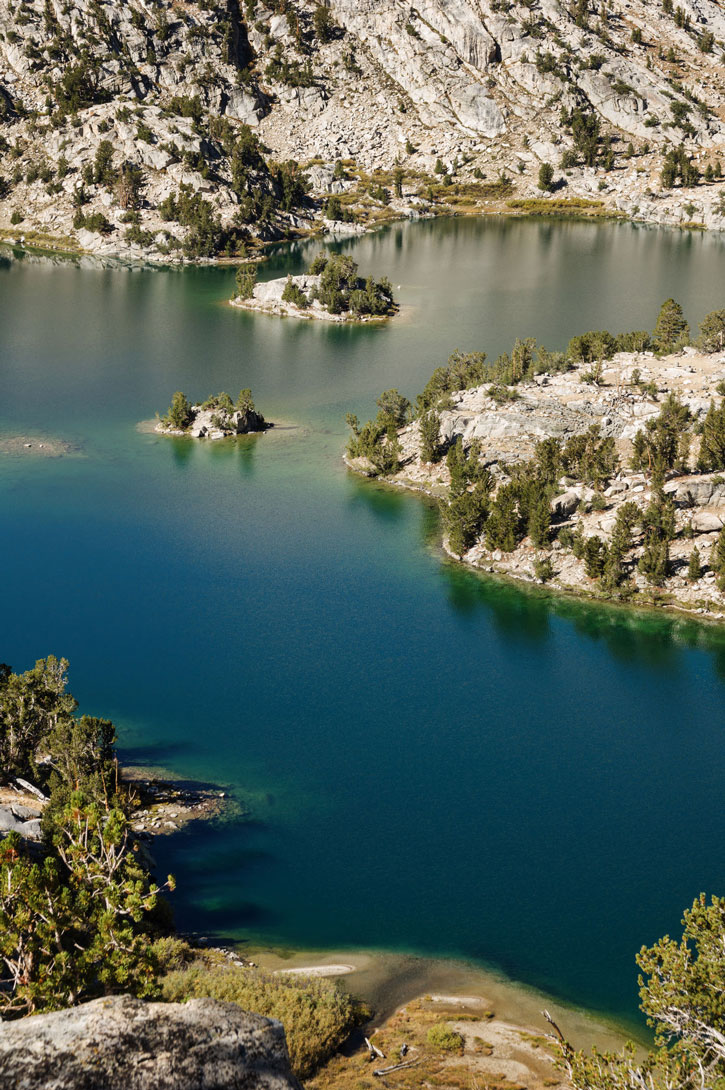 Overlook view of the deep blue waters of Rae Lakes in Kings Canyon National Park.