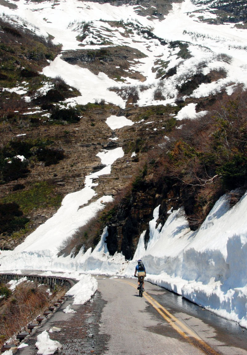 The bicycle season launches mid-April when plows dig down to free the Sun Road of snow. 