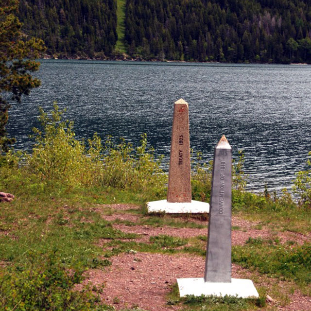 Obelisks mark the border between Canada and the U.S. at Goat Haunt. 