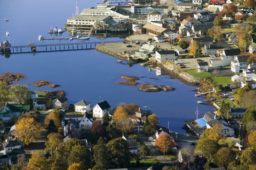 aerial view of trees and houses on the harbor in maine