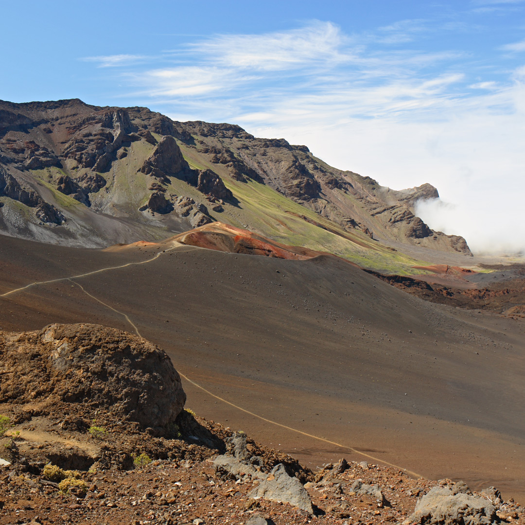 the barren landscape of the Sliding Sands hiking Trail in Haleakala National Park