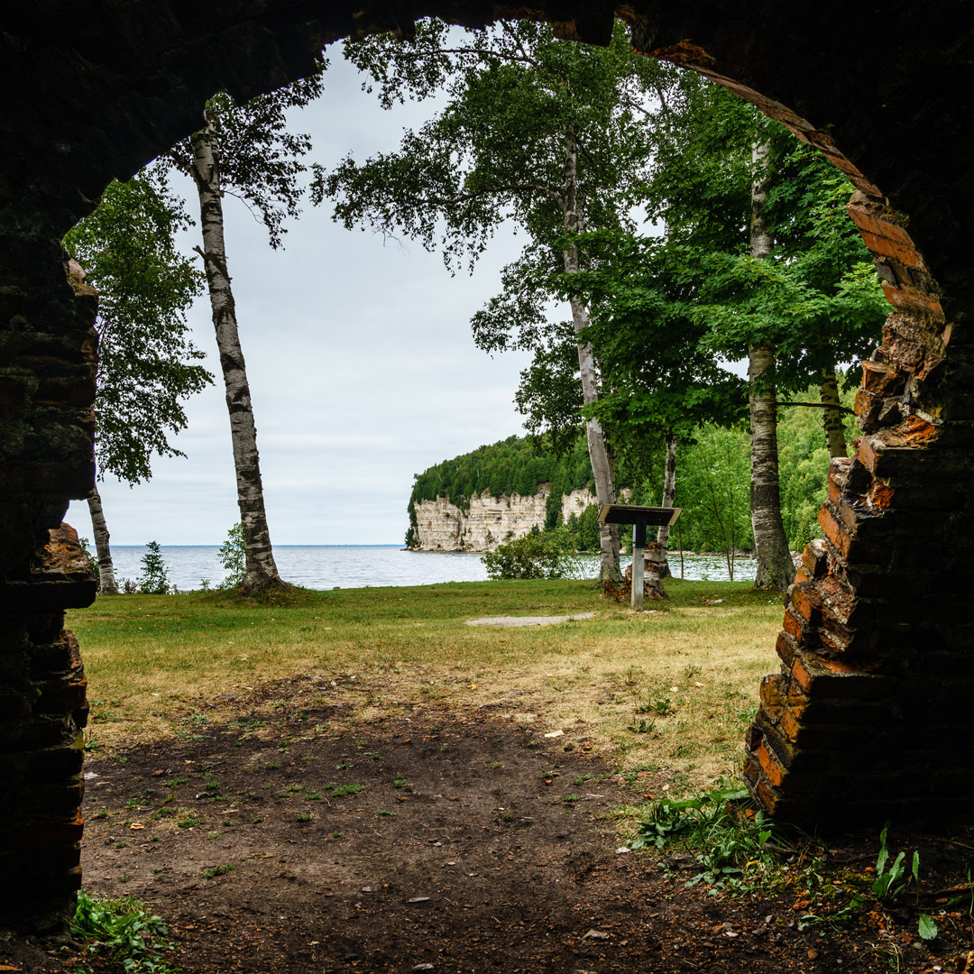 view through a crumbling wall in Fayette State Park