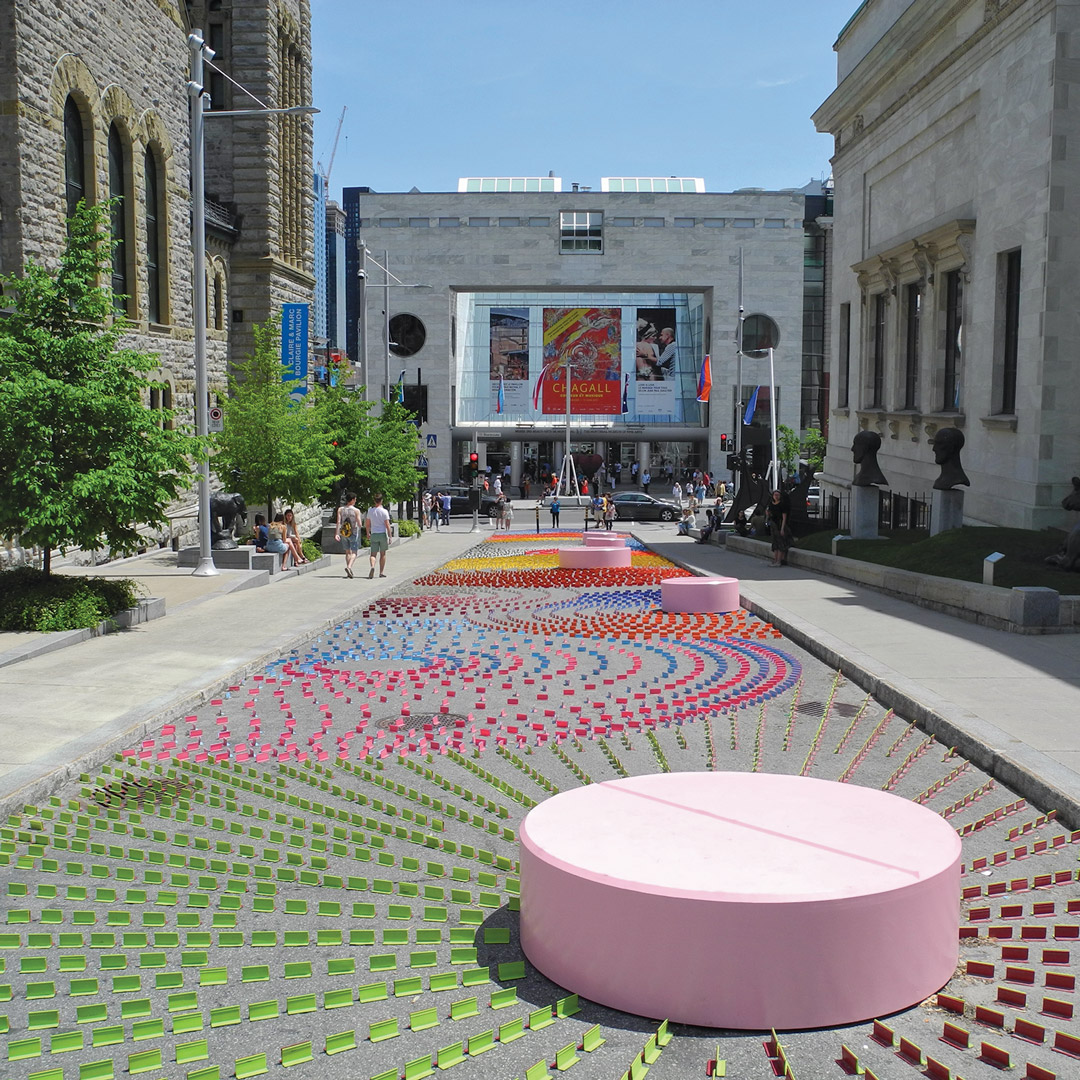 colorful artwork on the street leading to Musee des Beaux-Arts de Montreal