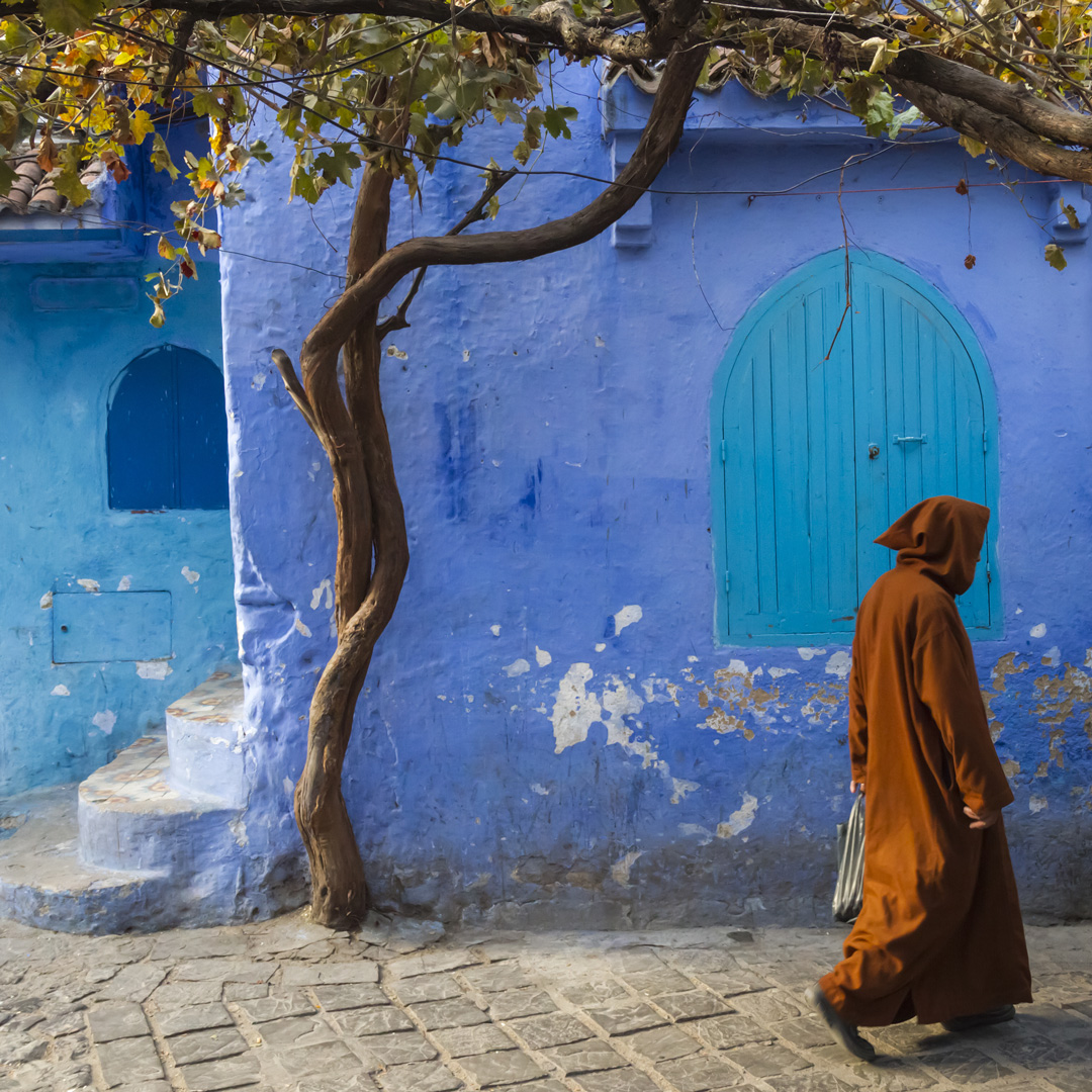 a main in a cloak walks by a tree and a blue wall in Chefchaouen