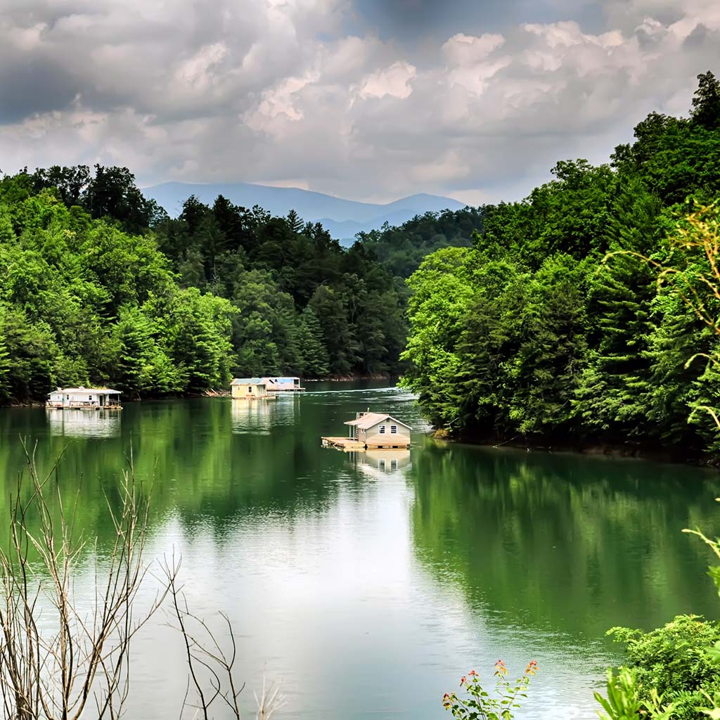 Floating vacation homes on Fontana Lake. 