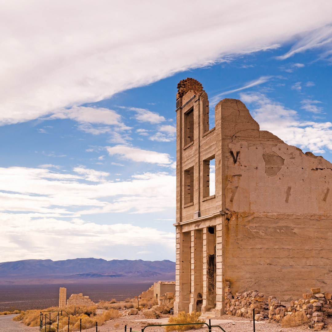 bank building ruins in ghost town of Rhyolite, Nevada
