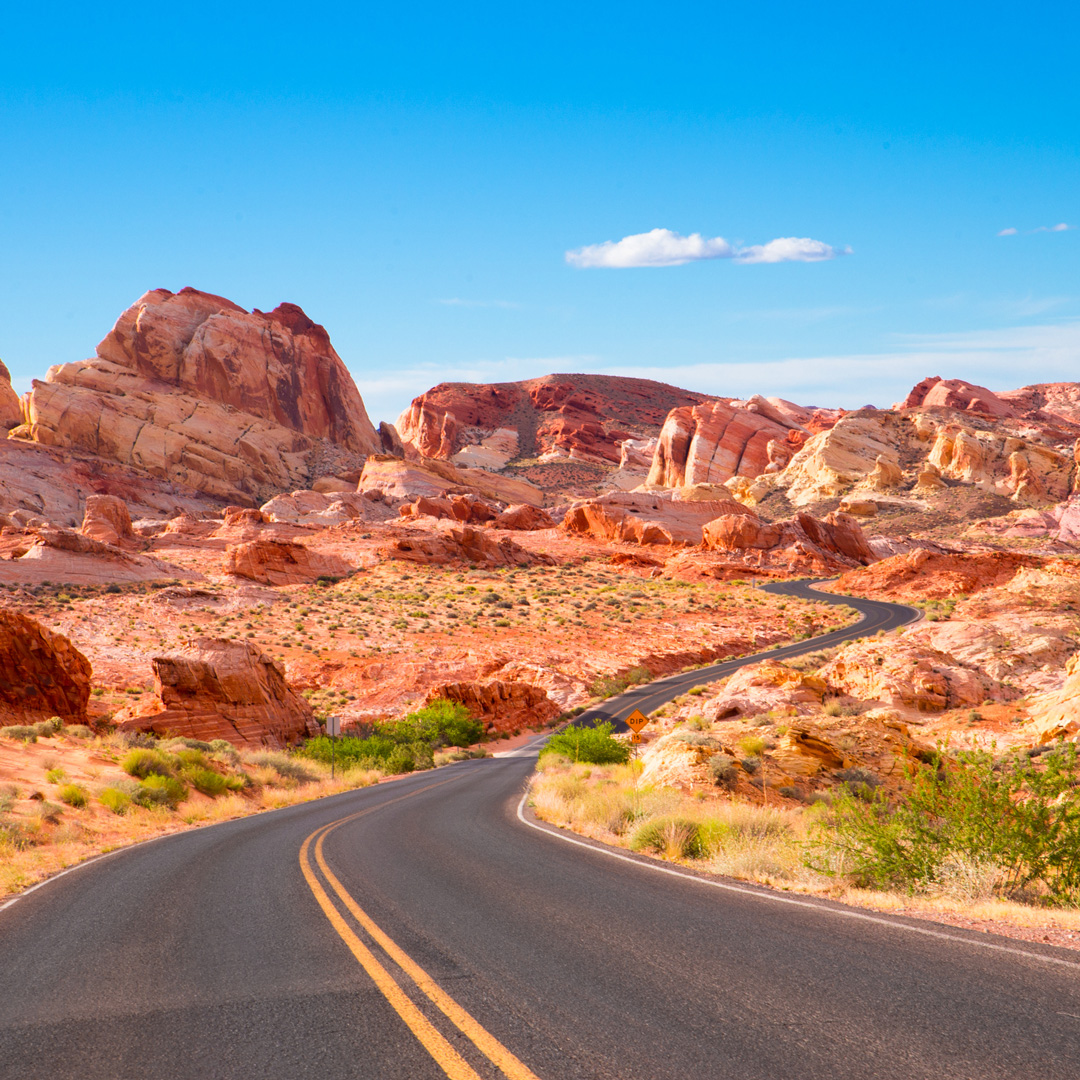 road zigzagging through the Valley of Fire State Park