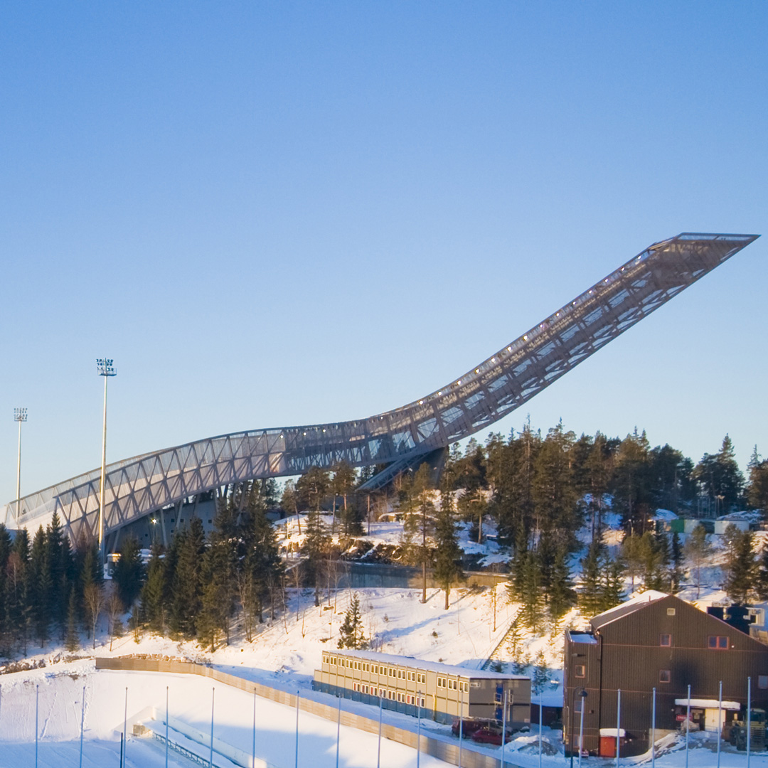 Holmenkollen Ski Jump tower jutting into the sky in Norway