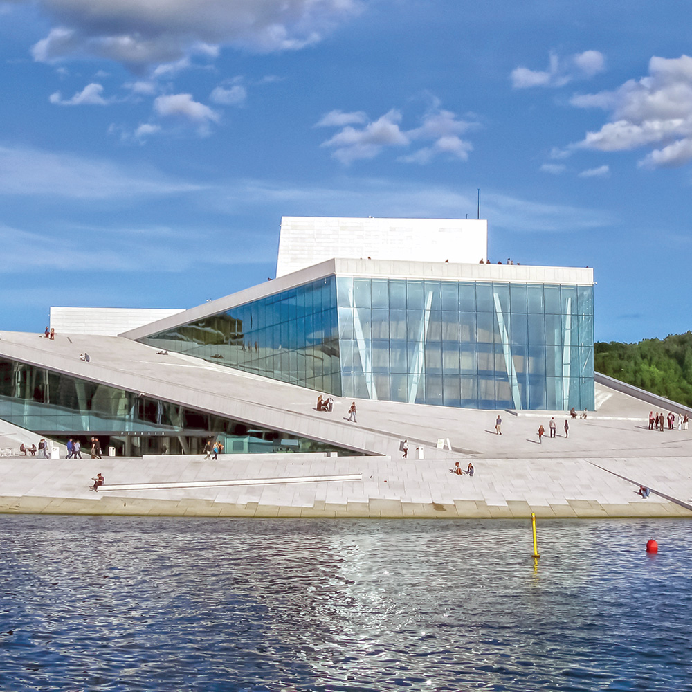 view across the water of the Oslo Opera House