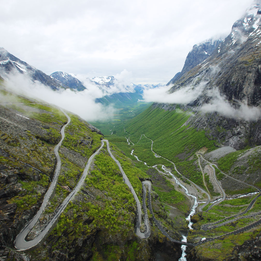 switchback road through the Rauma Valley