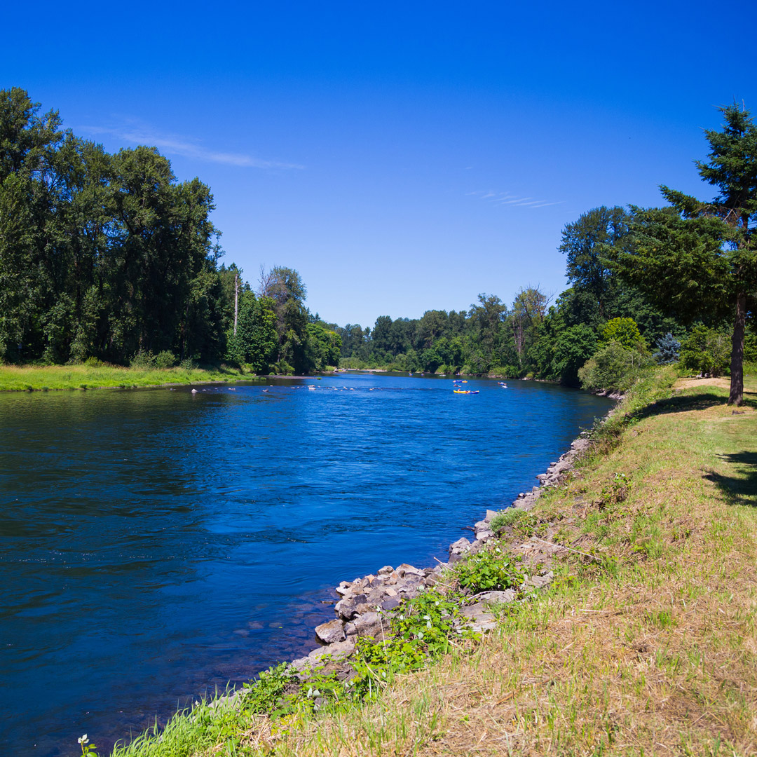 view of the bright blue McKenzie River in Oregon 