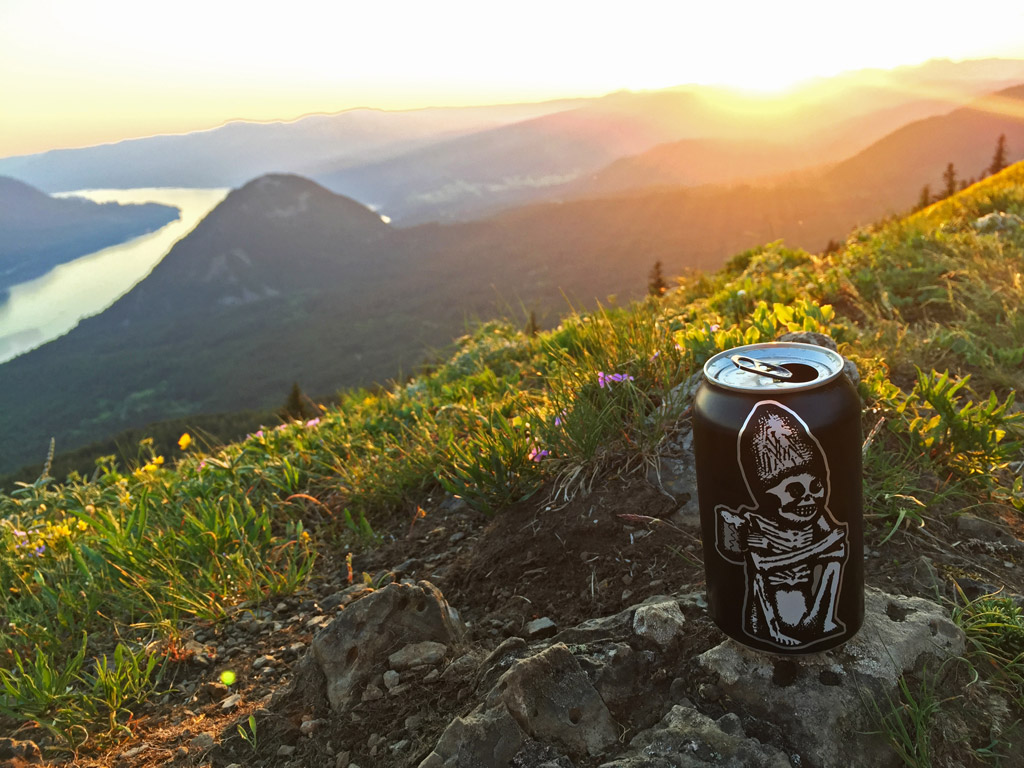 beer can sitting on a rock with a Oregon scenery in the background