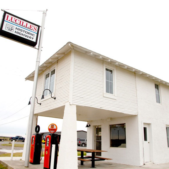 White building of Lucille's Service Station in Hydro, Oklahoma