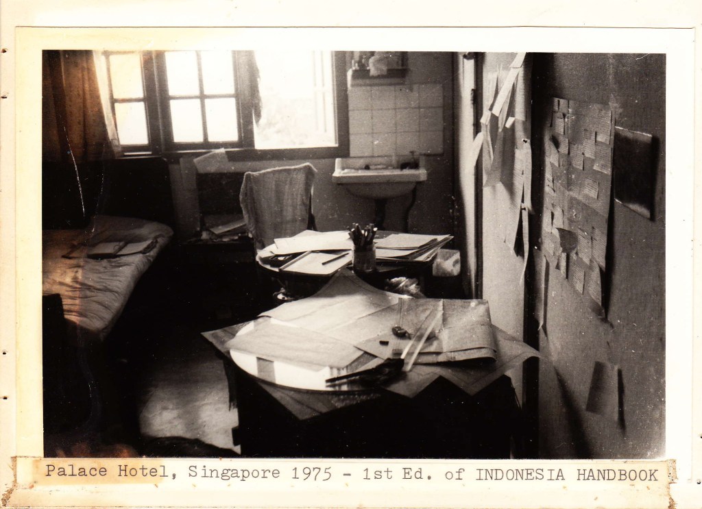 Photo of the first edition of Indonesia Handbook being compiled at the Palace Hotel in Singapore.