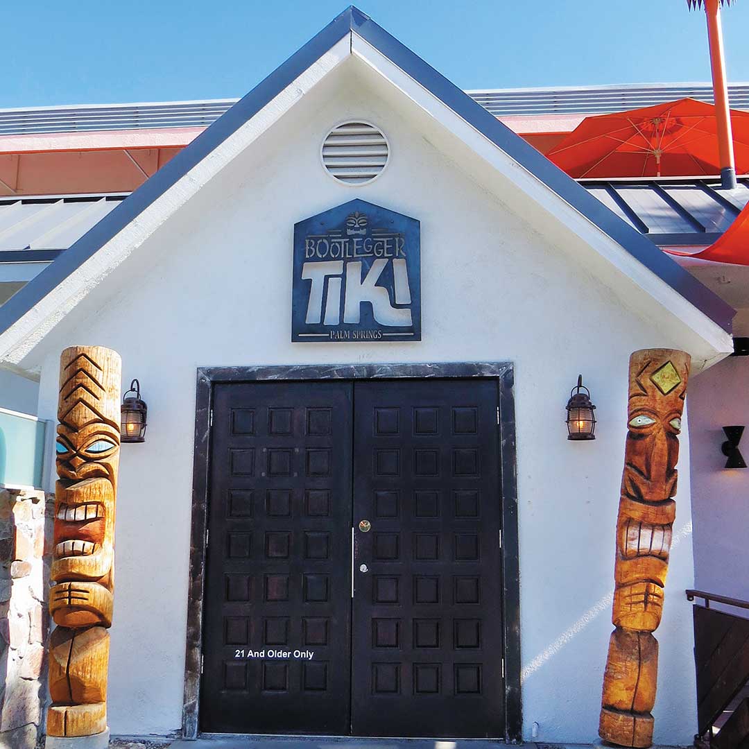 front entrance to Bootlegger Tiki Bar in Palm Springs
