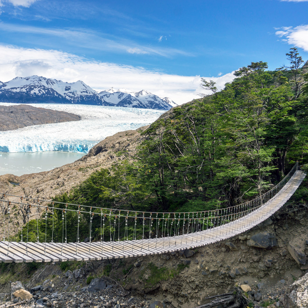 suspension bridge with views of glaciers in Torres del Paine
