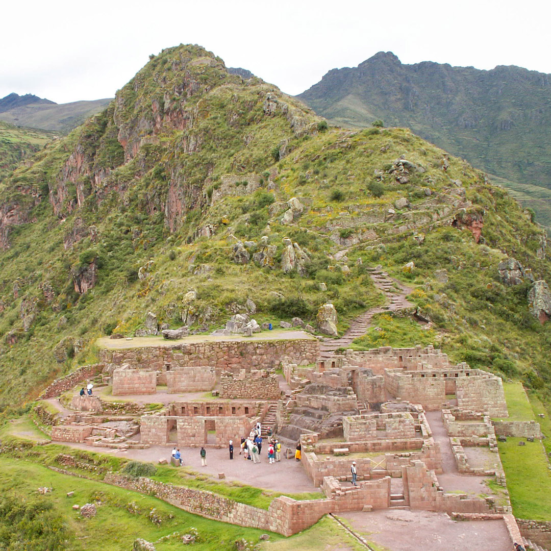 Inca ruins built into the side of a mountain in Peru's Sacred Valley