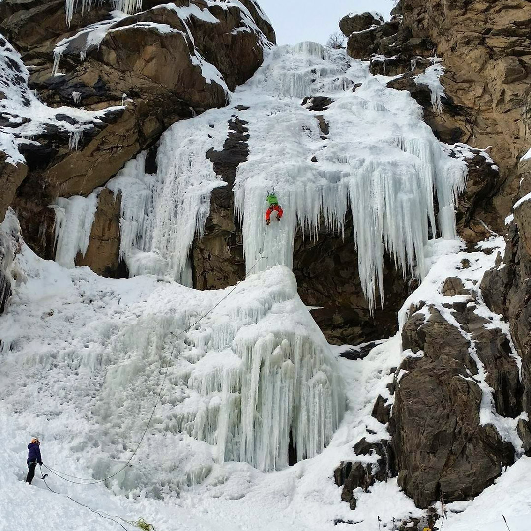 person attempting ice climbing in Rocky Mountain National Park