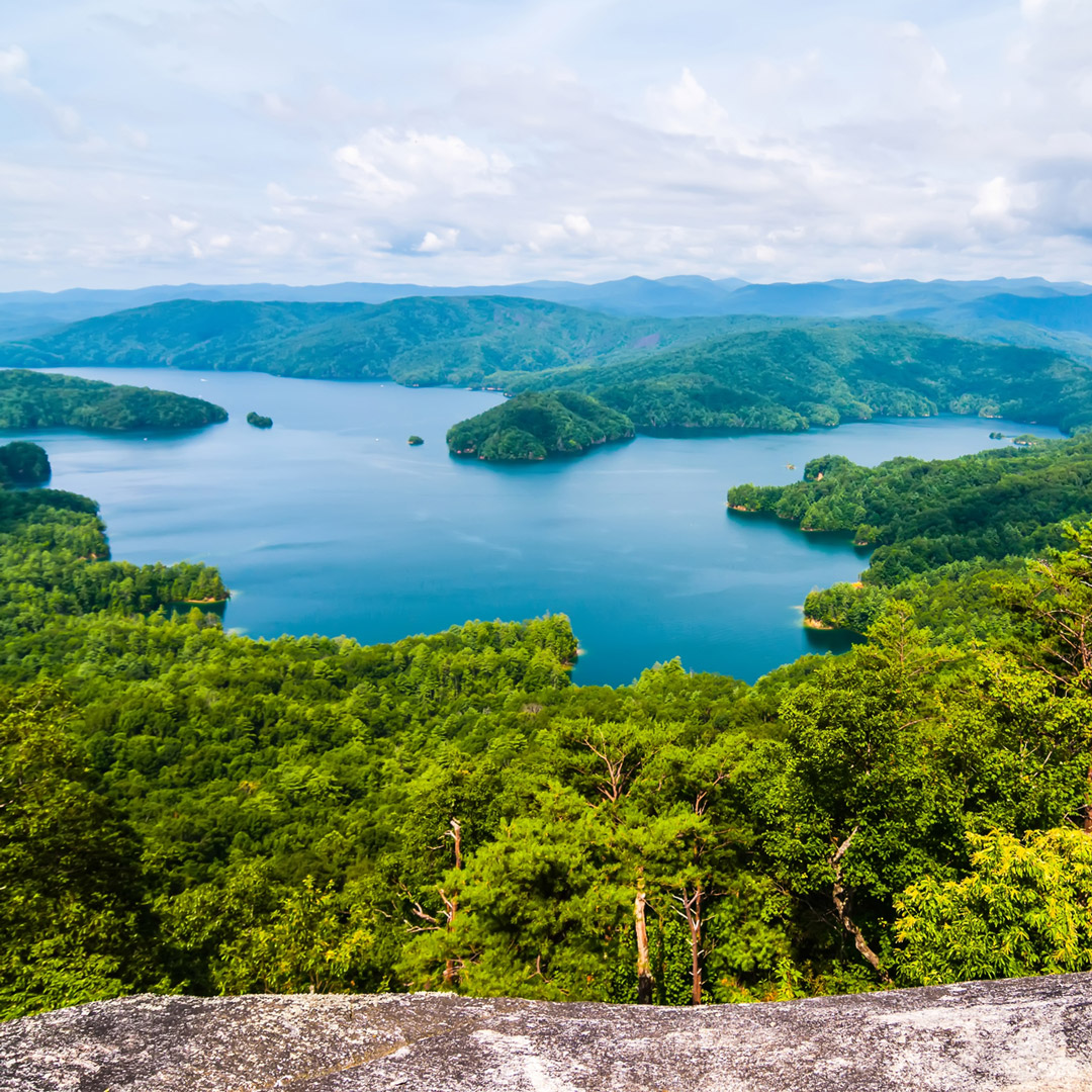 aerial view of lake jocassee surrounded by forest