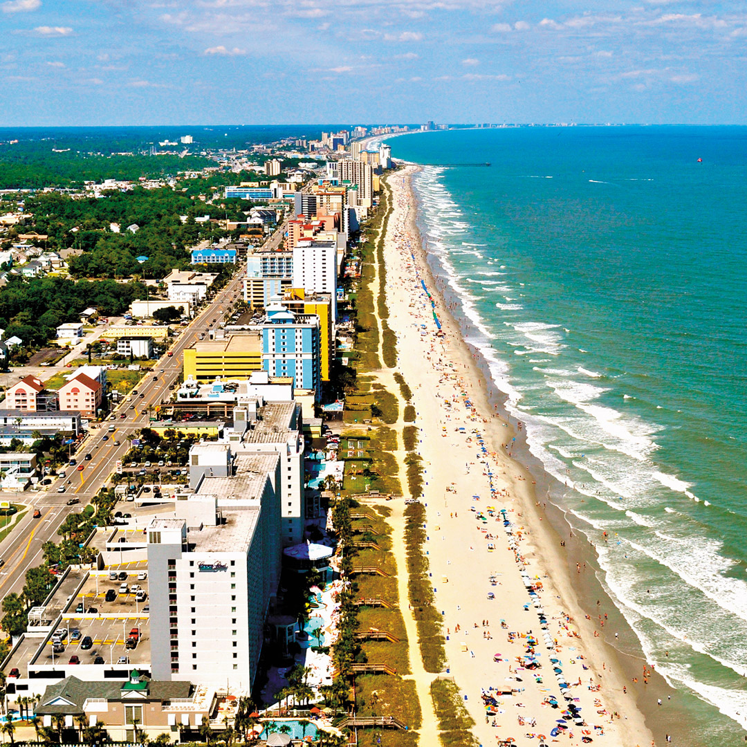 aerial view of the streets and buildings lining Myrtle Beach in South Carolina