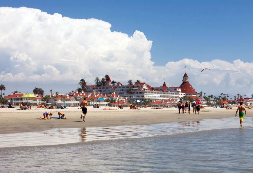 Coronado Beach starts at historic Hotel del Coronado and runs north to a dog-friendly beach.