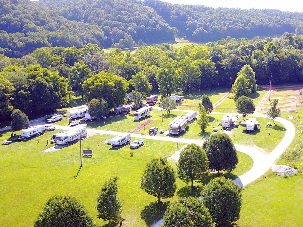 aerial view of RVs parked in a campground in Tennessee
