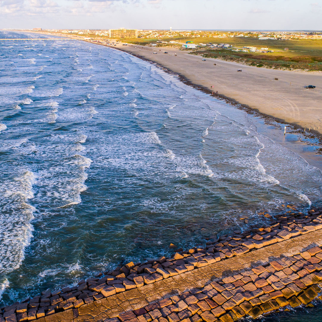 aerial view of the beach at Padre Island in Texas