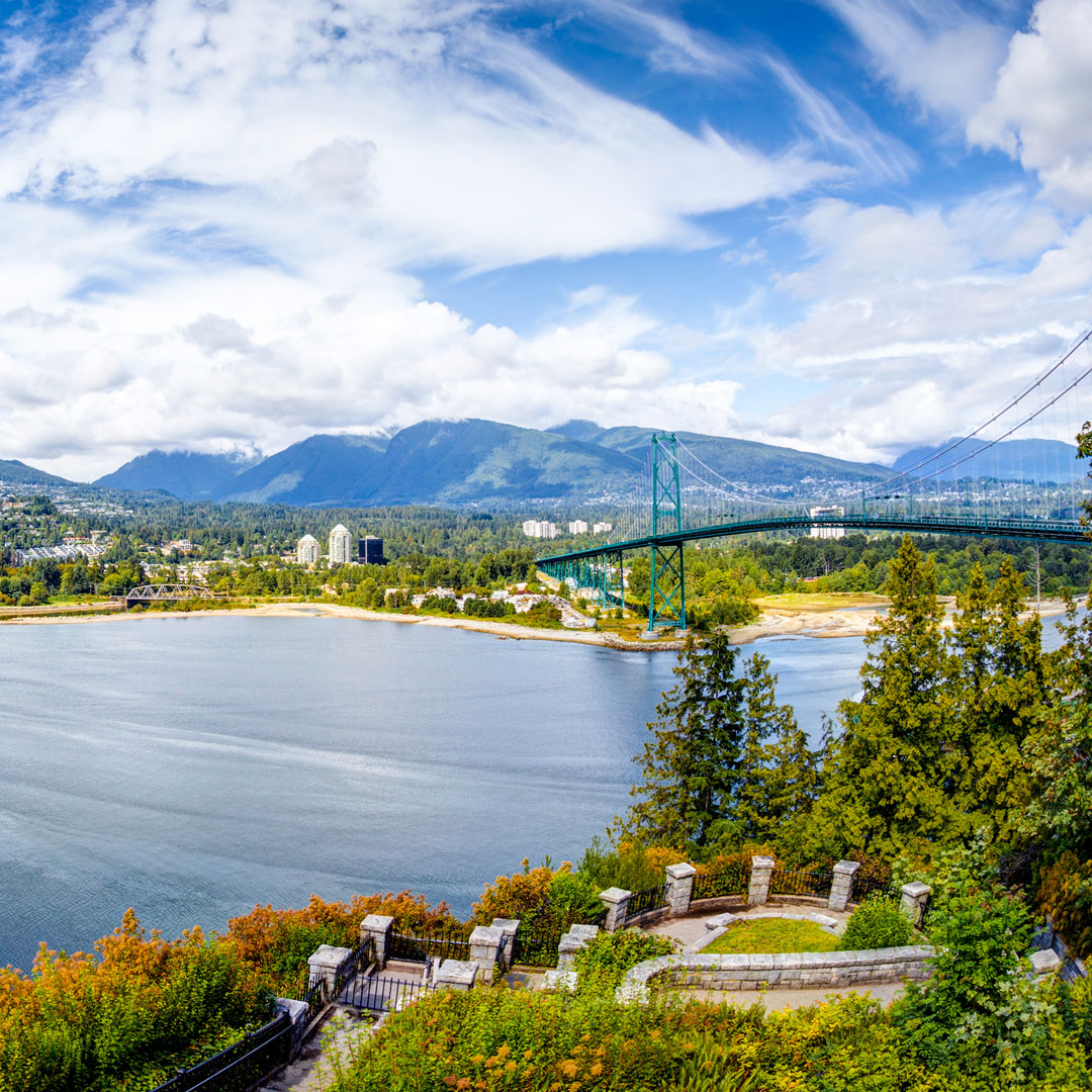 view of the Vancouver skyline and Lions Gate Bridge