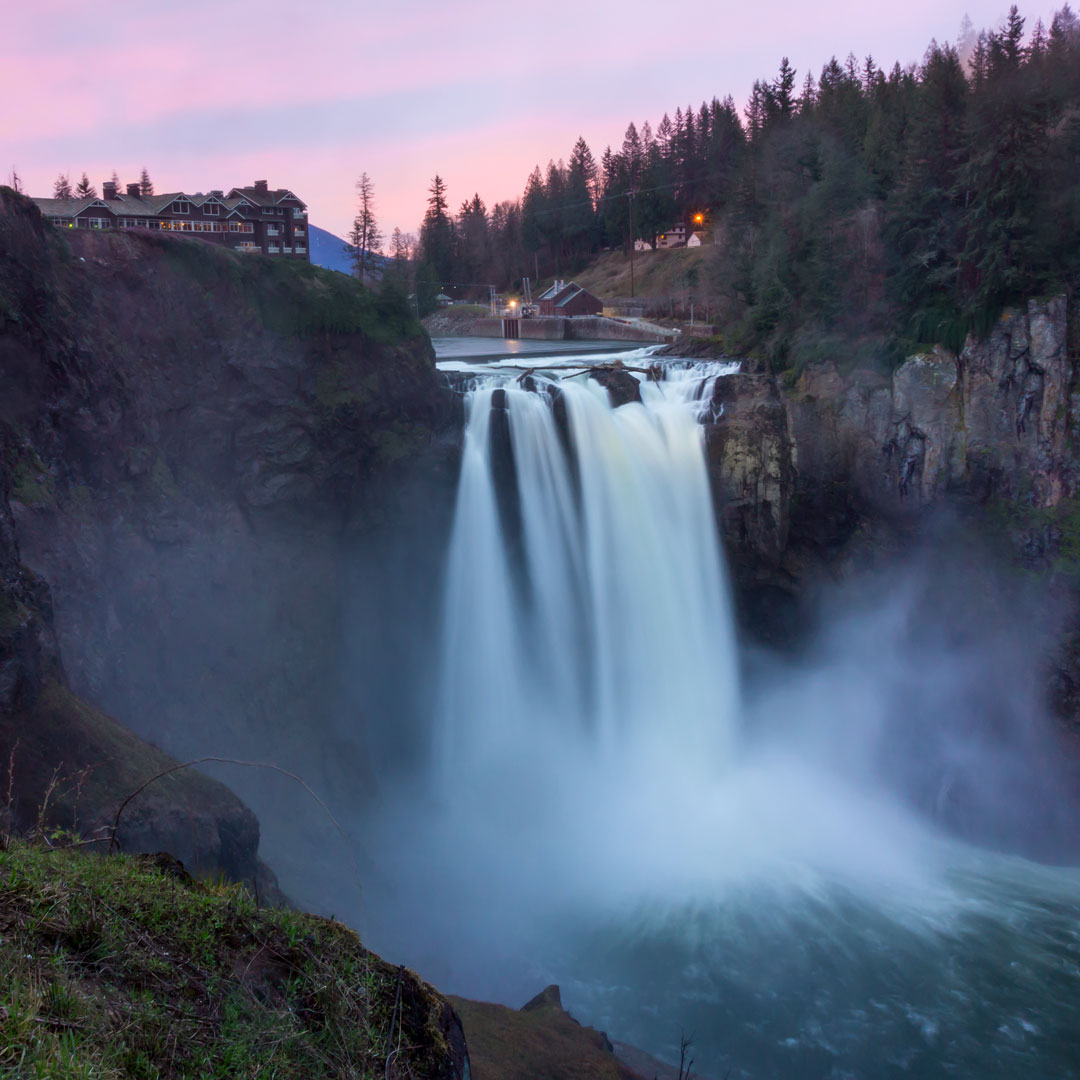 pink sky over Snoqualmie waterfall