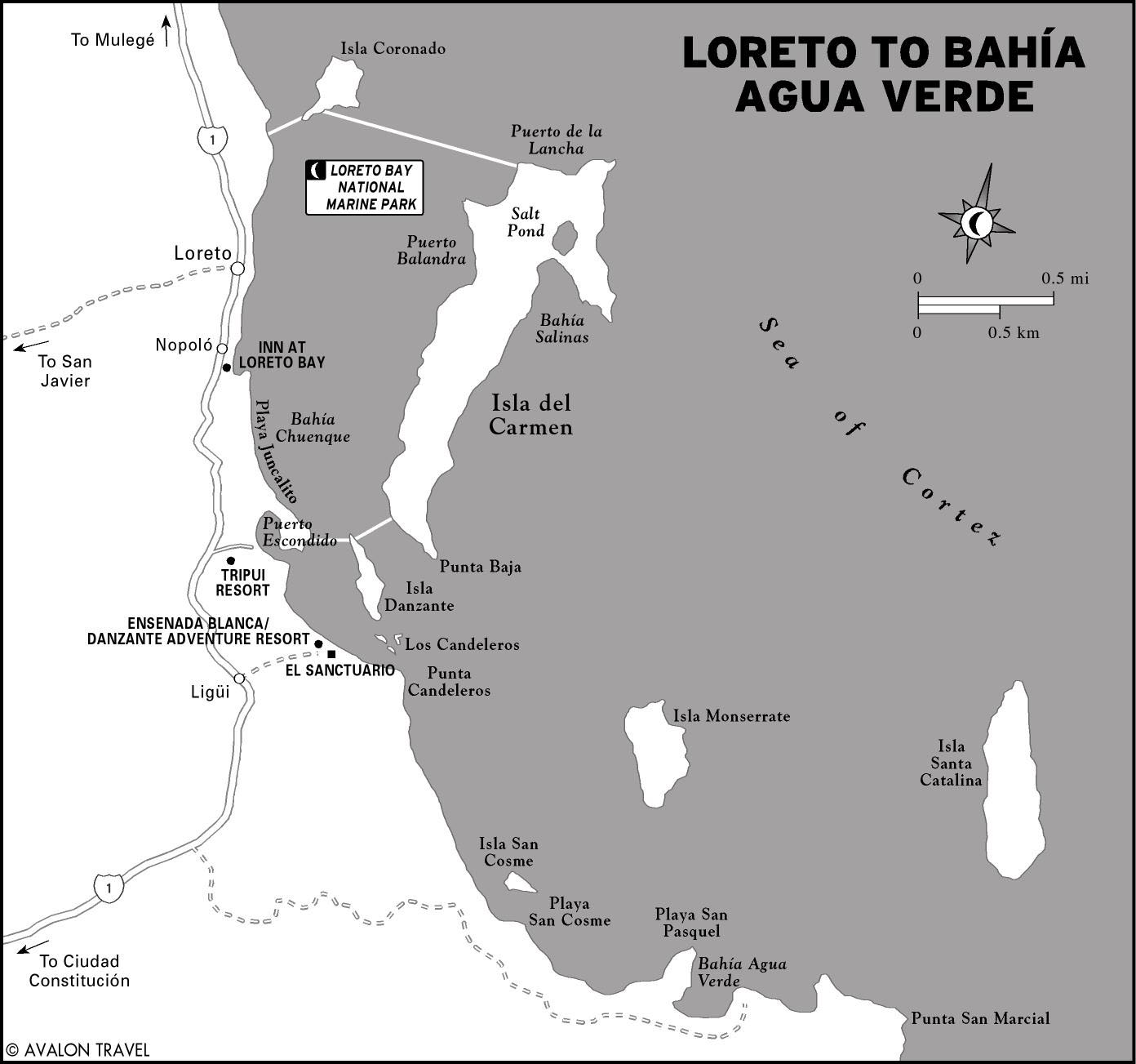 Map of Loreto to Bahia Agua Verde in Mexico