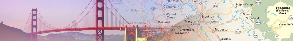 Travel map header featuring photo of the golden gate bridge collaged with a travel map