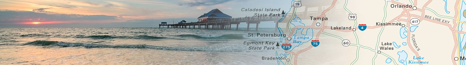 Travel map header featuring a photo of florida collaged with a map