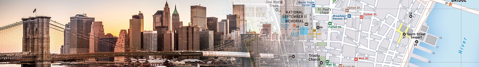 Travel map header featuring a photo collage of new york with a map