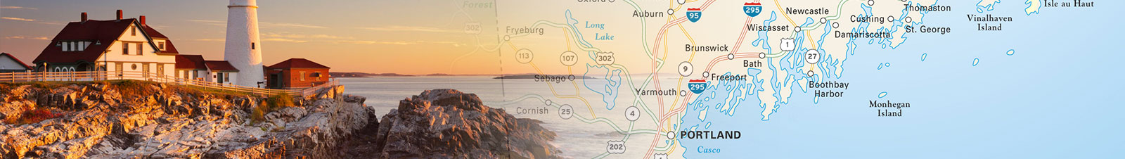 Travel map header featuring a photo of coastal maine and a travel map