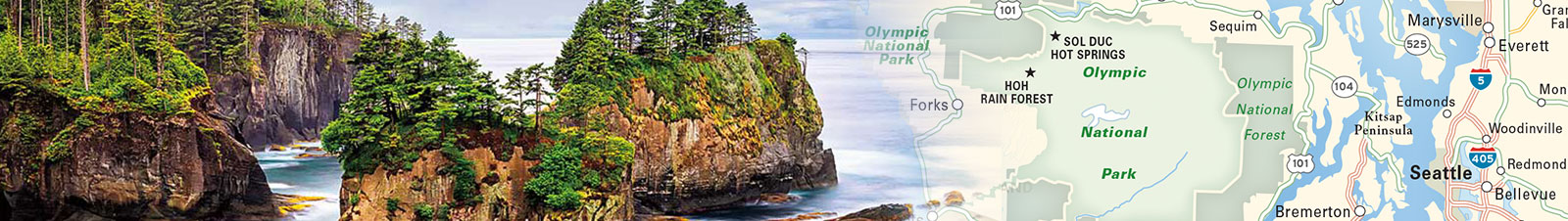 Printable travel map header featuring photo of PNW coastline collaged with a travel map