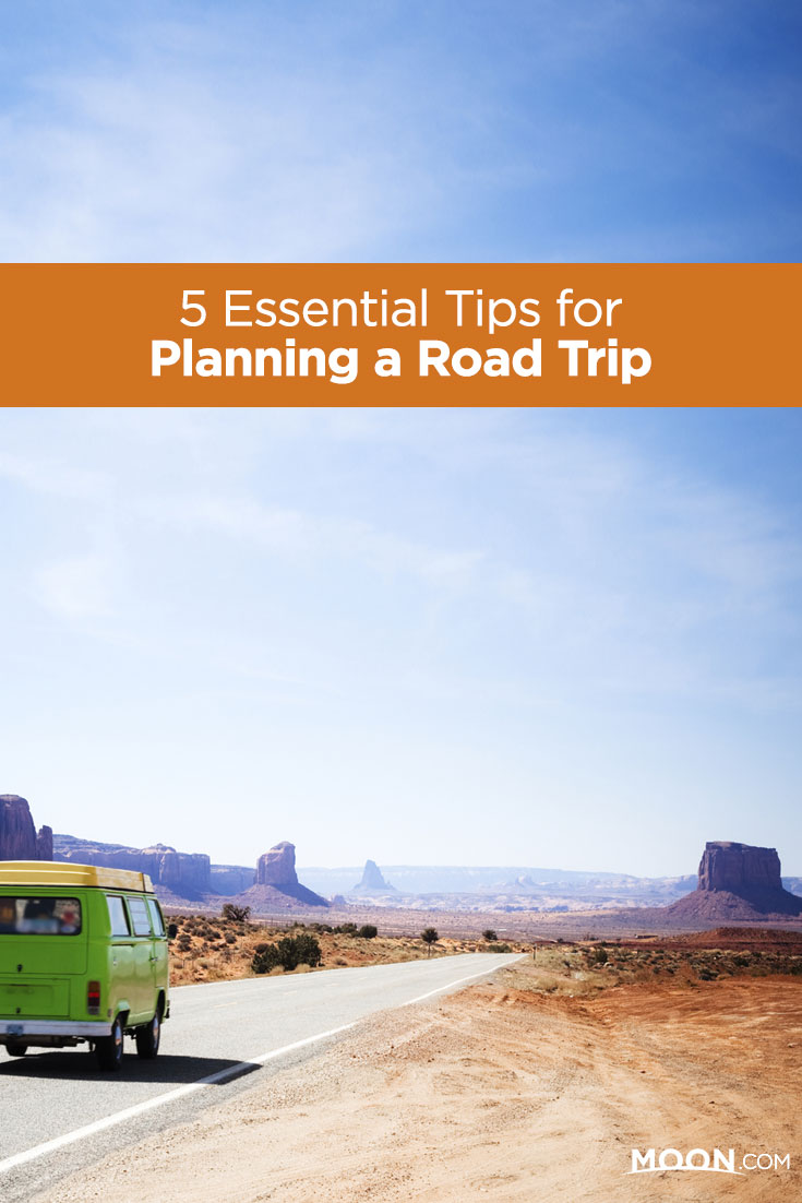 A van driving through the Southwest with text reading 5 Essential Tips for Planning a Road Trip.