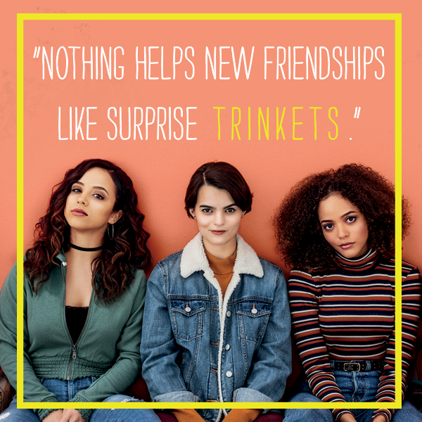 NOVL - Instagram image quote for 'Trinkets' by Kirsten Smith that reads 'Nothing helps new friendships like surprise Trinkets.'