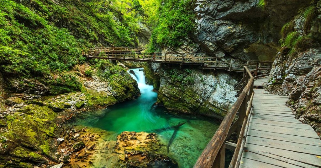 A wooden path passing through Vintgar gorge in Bled, Triglav, Slovenia