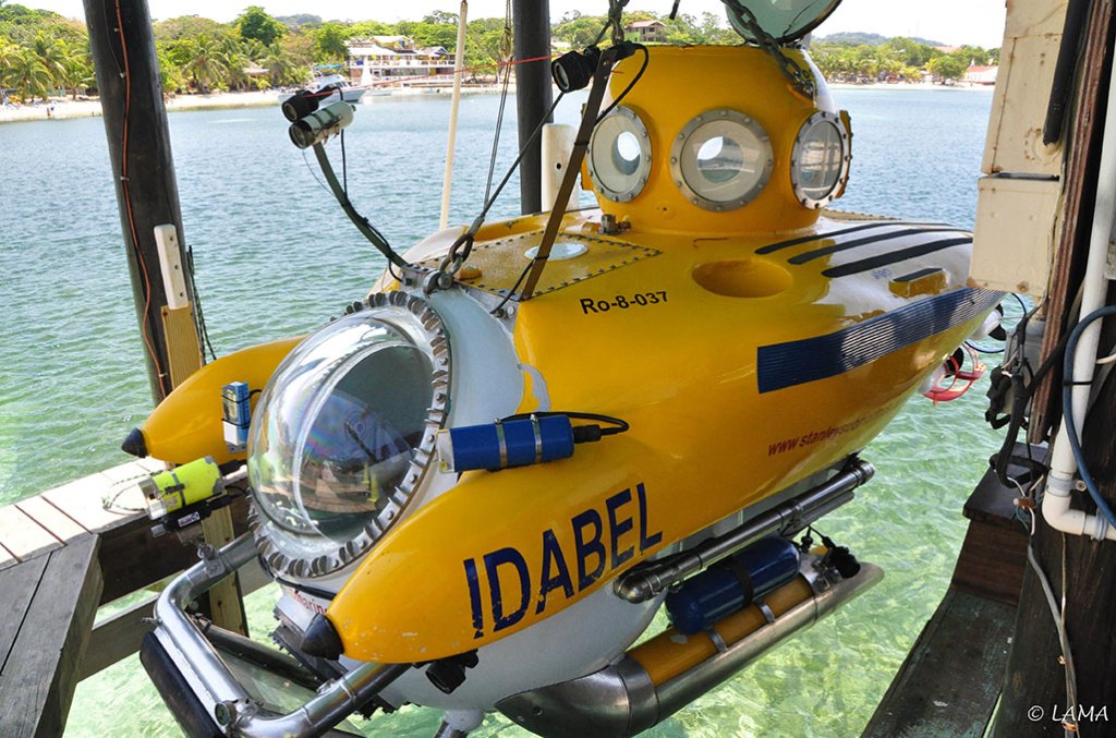 The submersible Idabel in Roatan Honduras docked above water.