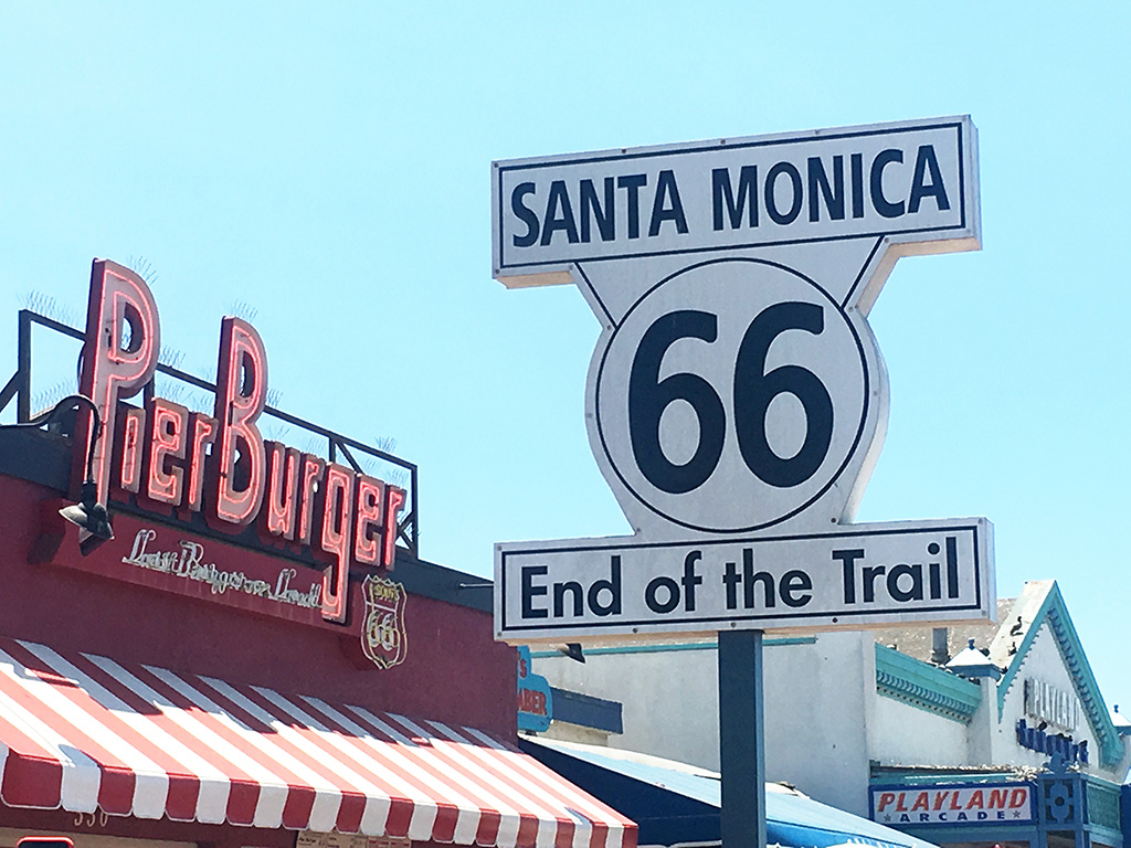 End of the Trail sign for Route 66 at the Santa Monica Pier.