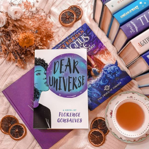 NOVL - Instagram image of book cover for 'Dear Universe' by Florence Gonsalves surrounded by dried flowers, dried fruits, other various novels and a cup of tea