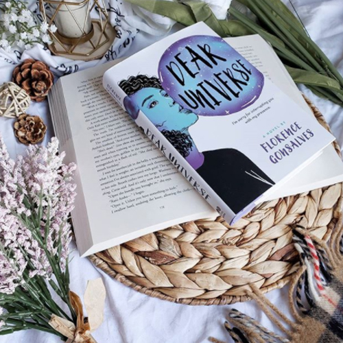 NOVL - Instagram image of book cover for 'Dear Universe' by Florence Gonsalves surrounded by flowers and pinecones