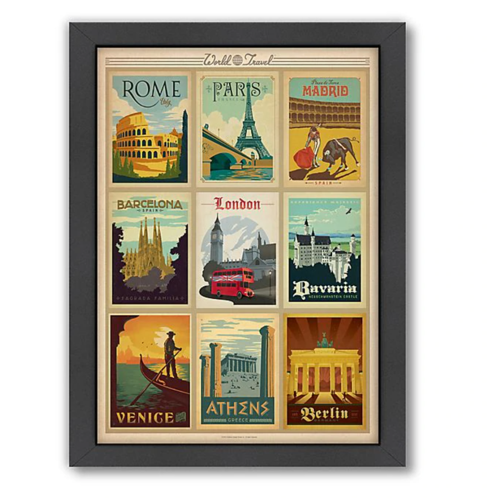 photo of art wall decor featuring various iconic europe destinations 