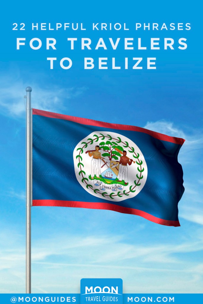 Belize flag waving on a flagpole. Pinterest graphic.