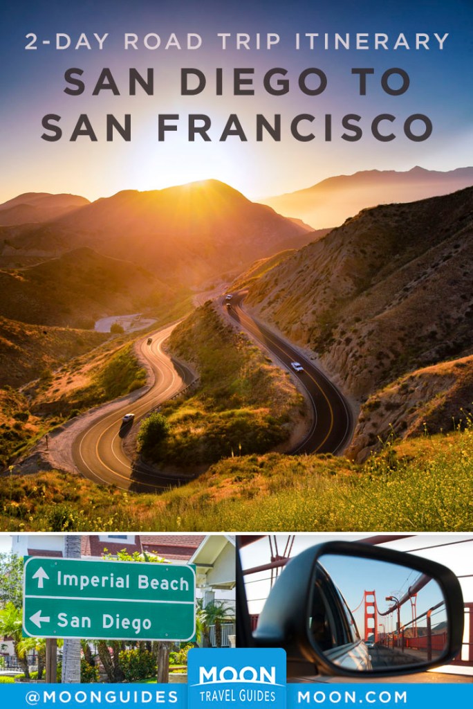 Cars traveling down a twisting California canyon during sunset, San Diego freeway sign, Golden Gate Bridge in rearview mirror. Pinterest graphic.