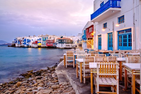 Beautiful sunrise at Little Venice on Mykonos island, Greece