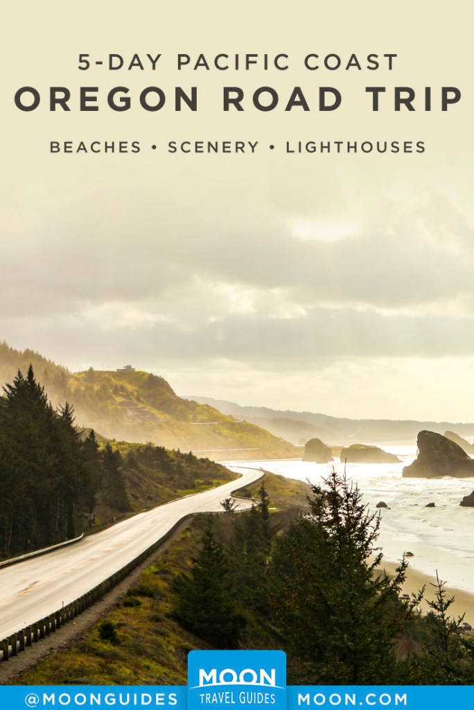Misty road runs along the Oregon coast in the morning light. Pinterest graphic.
