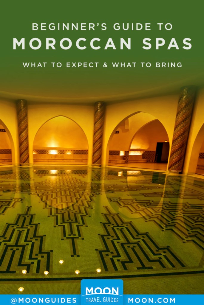Large empty pool inside a Moroccan spa. Pinterest graphic.